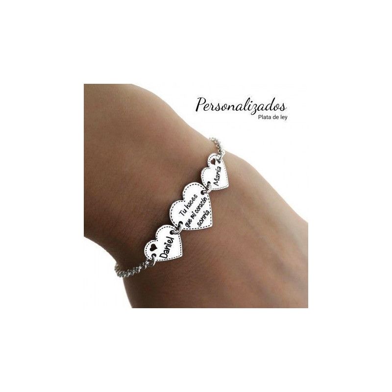 Pulsera San Valentín Personalizada Corazones + Nombres en Plata 925