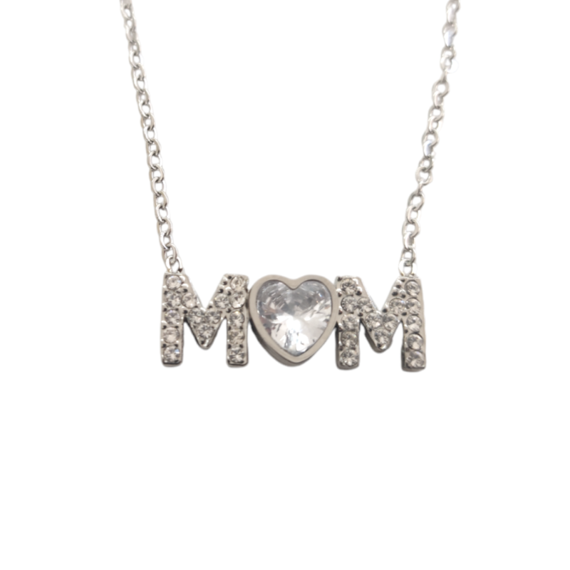 Collar de Mamá Corazón Piedra Circonita en Acero Plateado Inoxidable