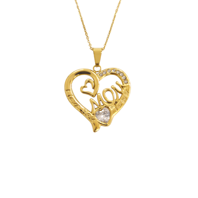 Collar de Mamá Corazón Calado Circonita en Acero Dorado Inoxidable