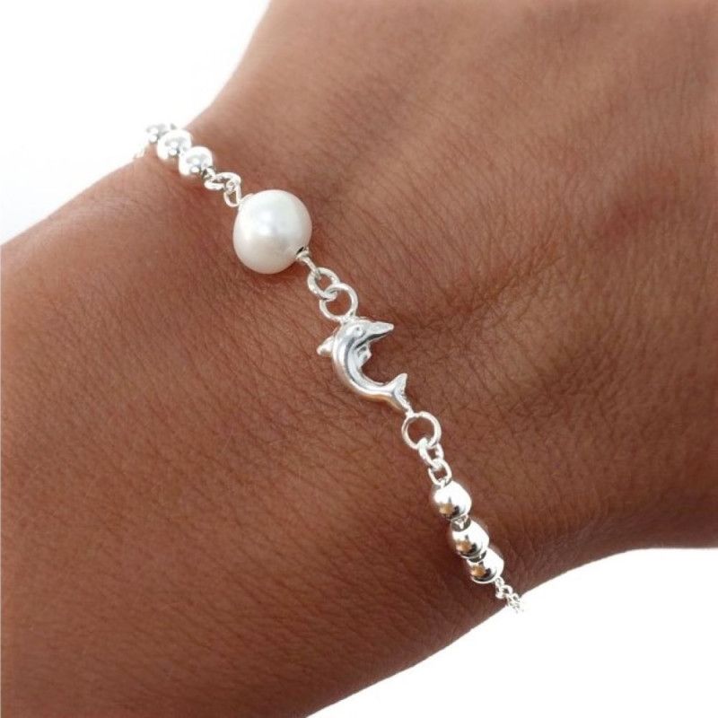 Pulsera Delfín con Perla en Plata de Ley 925mls