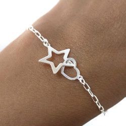 Pulsera de Corazón Calado con Estrella Calada en Plata de Ley 925mls