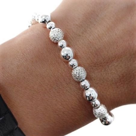Pulsera de Bolas Combinadas Lisas y Talladas en Plata de Ley 925mls