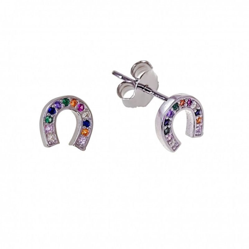 Pendiente de Herradura Multicolor Microengaste en Plata de Ley 925mls