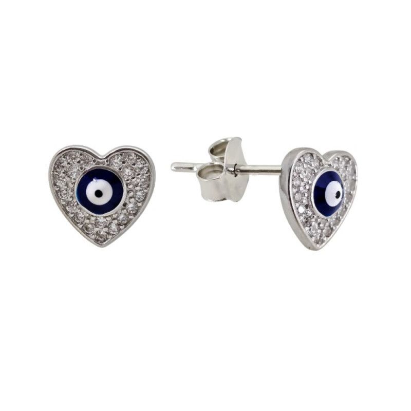Pendiente Corazón con Ojo Turco Microengaste en Plata de Ley 925mls