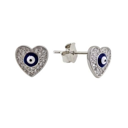 Pendiente Corazón con Ojo Turco Microengaste en Plata de Ley 925mls