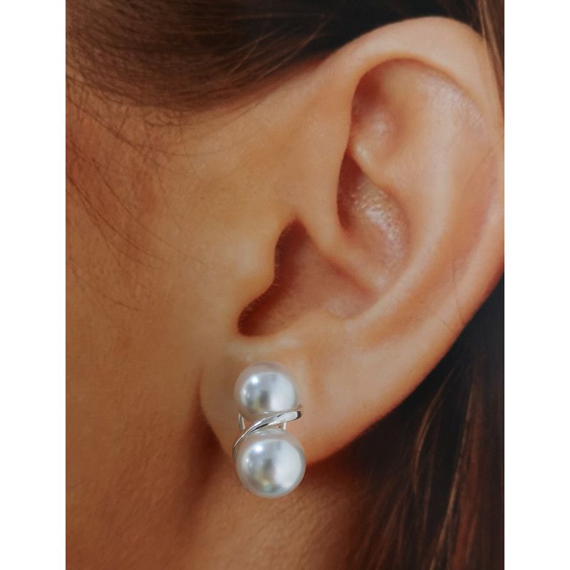 Pendiente Omega Perla Doble en Plata de Ley 925mls