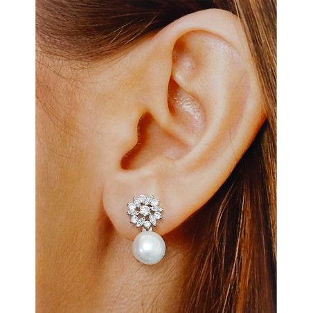 Pendiente Omega de Perla con Circonitas en Plata de Ley 925mls