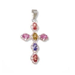 Colgante de Cruz con Piedras Circonitas de Colores en Plata de Ley 925