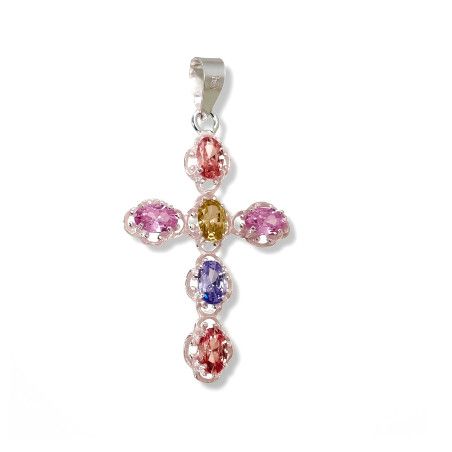 Colgante de Cruz con Piedras Circonitas de Colores en Plata de Ley 925