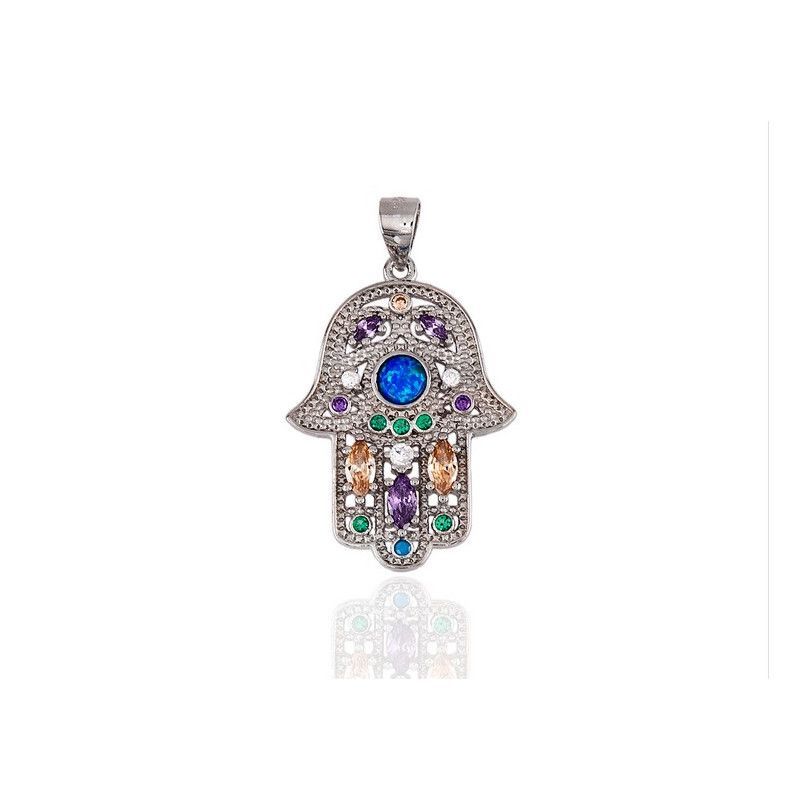 Colgante de Mano de Fátima con Circonitas de Colores en Plata de Ley