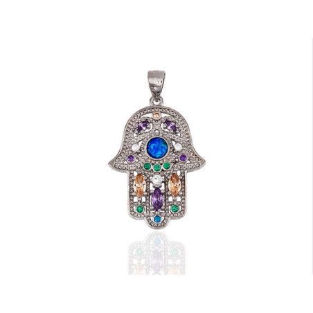 Colgante de Mano de Fátima con Circonitas de Colores en Plata de Ley