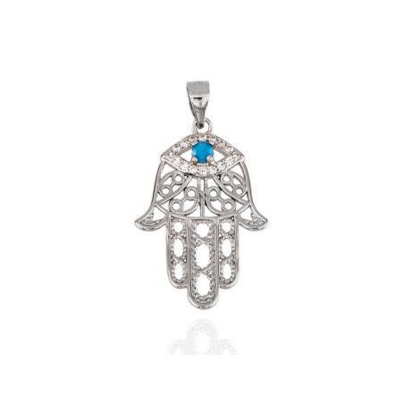 Colgante de Mano de Fátima con Piedra Turquesa en Plata de Ley