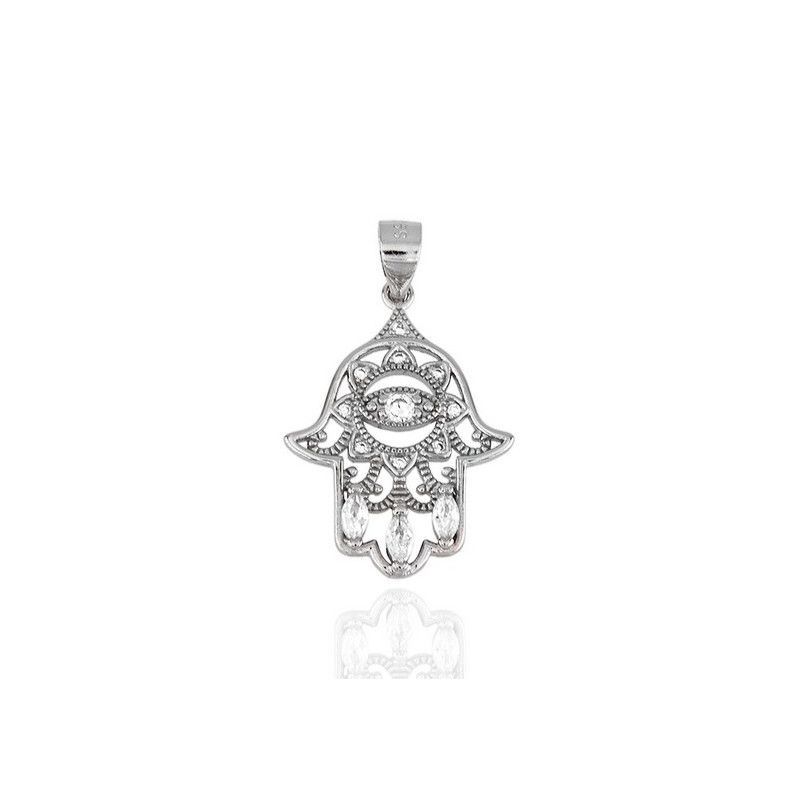 Colgante de Mano de Fátima con Ojo Turco Cristal en Plata de Ley 925