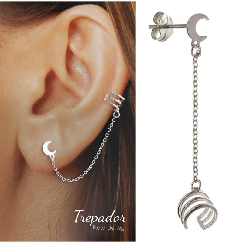 Pendiente Trepador Luna con Cadena en Plata de Ley 925mls