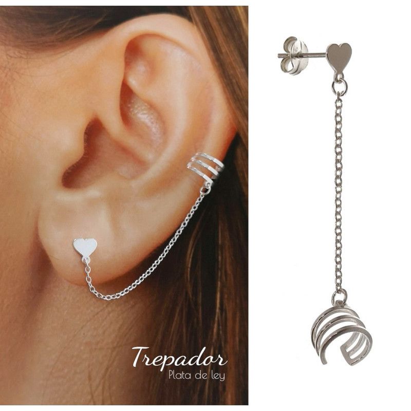 Pendiente Trepador Corazón con Cadena en Plata de Ley 925mls