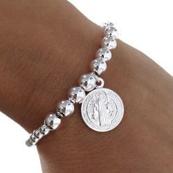 Pulsera Bolas con San Benito Doble Cara en Plata de Ley 925mls