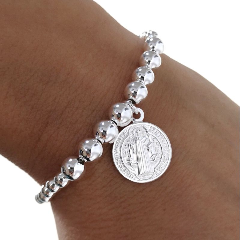 Pulsera Bolas con San Benito Doble Cara en Plata de Ley 925mls