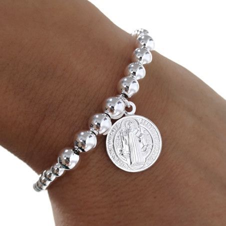 Pulsera Bolas con San Benito Doble Cara en Plata de Ley 925mls