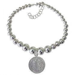 Pulsera Bolas con San Benito Doble Cara en Plata de Ley 925mls