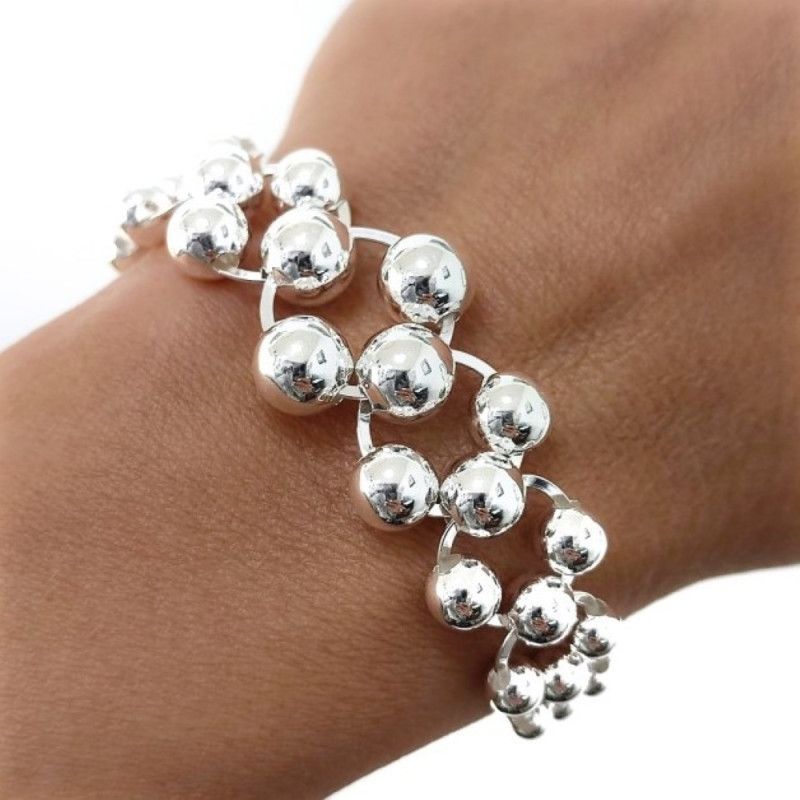Pulsera de Bolas Aumento con Asas Planas Triple en Plata de Ley 925mls