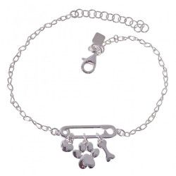 Pulsera Imperdible con Hueso - Huella - Corazón en Plata de Ley 925mls
