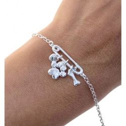 Pulsera Imperdible con Hueso - Huella - Corazón en Plata de Ley 925mls