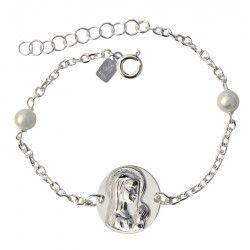 Pulsera de Comunión con la Virgen Niña y Perlas en Plata de Ley 925mls