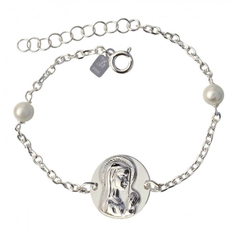 Pulsera de Comunión con la Virgen Niña y Perlas en Plata de Ley 925mls