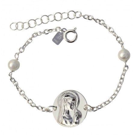 Pulsera de Comunión con la Virgen Niña y Perlas en Plata de Ley 925mls