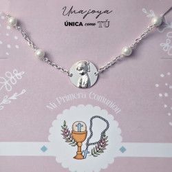 Pulsera de Comunión con la Virgen Niña y Perlas en Plata de Ley 925mls