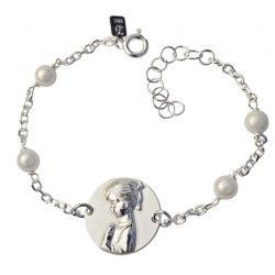 Pulsera de Comunión con la Virgen Niña y Perlas en Plata de Ley 925mls