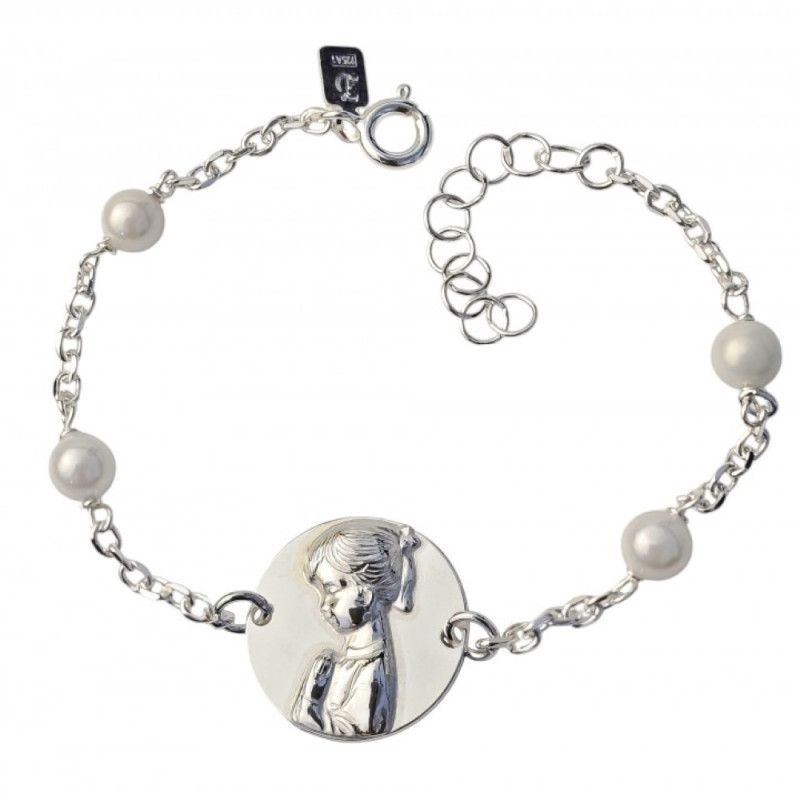 Pulsera de Comunión con la Virgen Niña y Perlas en Plata de Ley 925mls