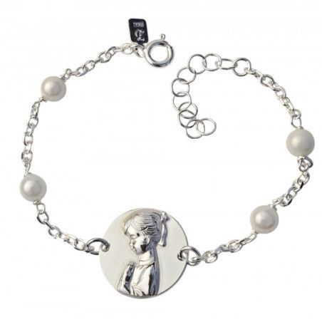 Pulsera de Comunión con la Virgen Niña y Perlas en Plata de Ley 925mls
