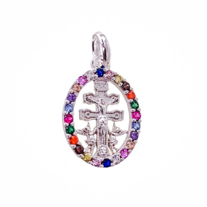Colgante Cruz de Caravaca con Cerco Multicolor en Plata de Ley 925mls