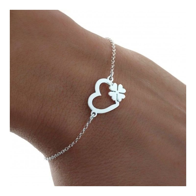 Pulsera Corazón con Trébol en Plata de Ley 925mls