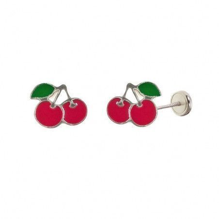Pendiente Infantil de Cerezas esmalte en Plata de Ley 925mls