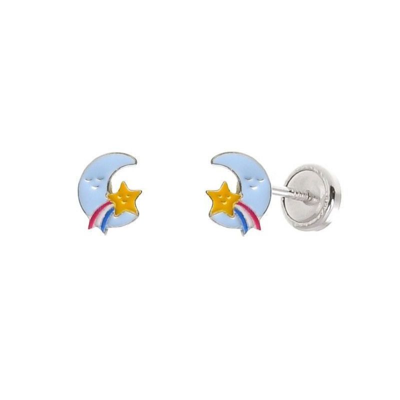 Pendiente Infantil Luna con Estrella Fugaz en Plata de Ley 925mls