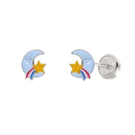 Pendiente Infantil Luna con Estrella Fugaz en Plata de Ley 925mls