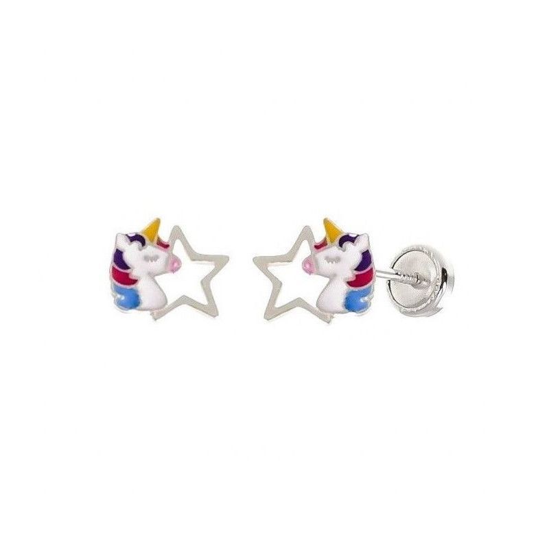 Pendiente Infantil Unicornio con Estrella Calada en Plata de Ley 925