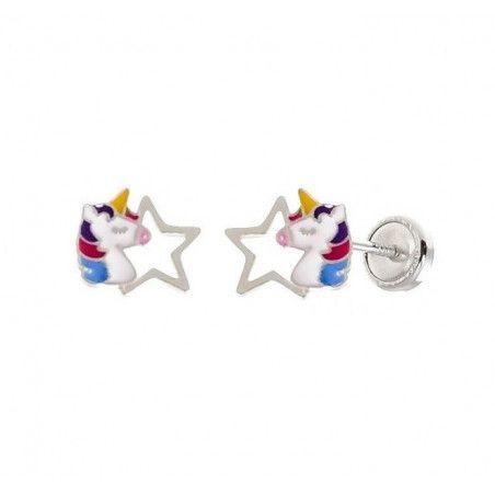 Pendiente Infantil Unicornio con Estrella Calada en Plata de Ley 925