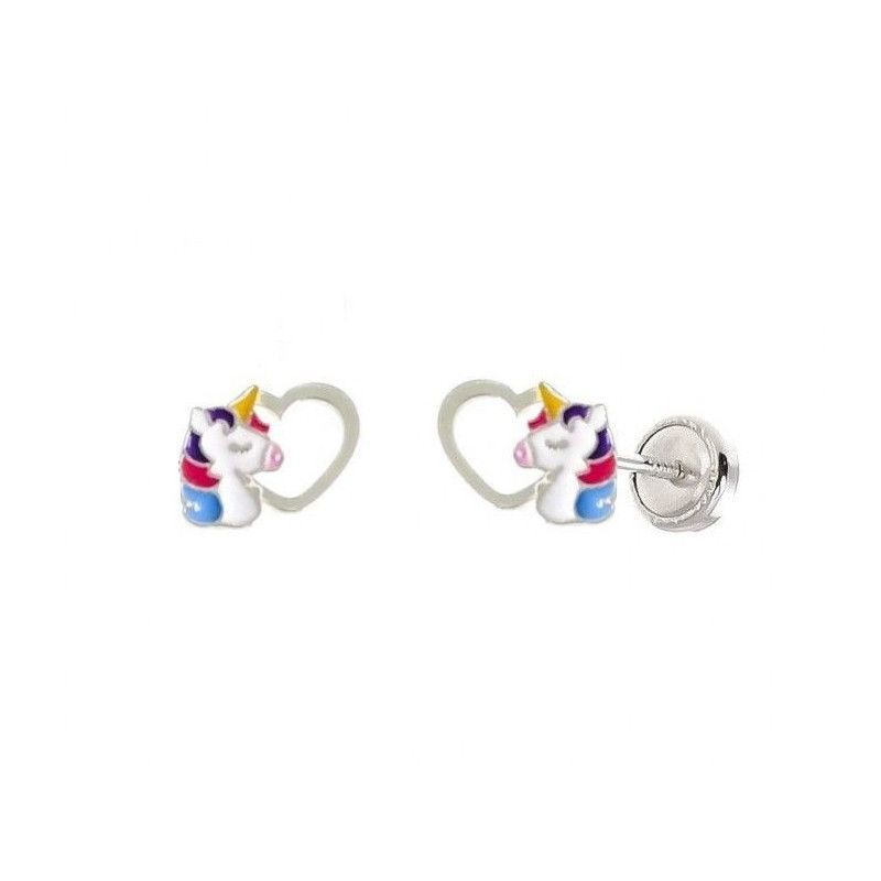 Pendiente Infantil Unicornio con Corazón Calado en Plata de Ley 925mls