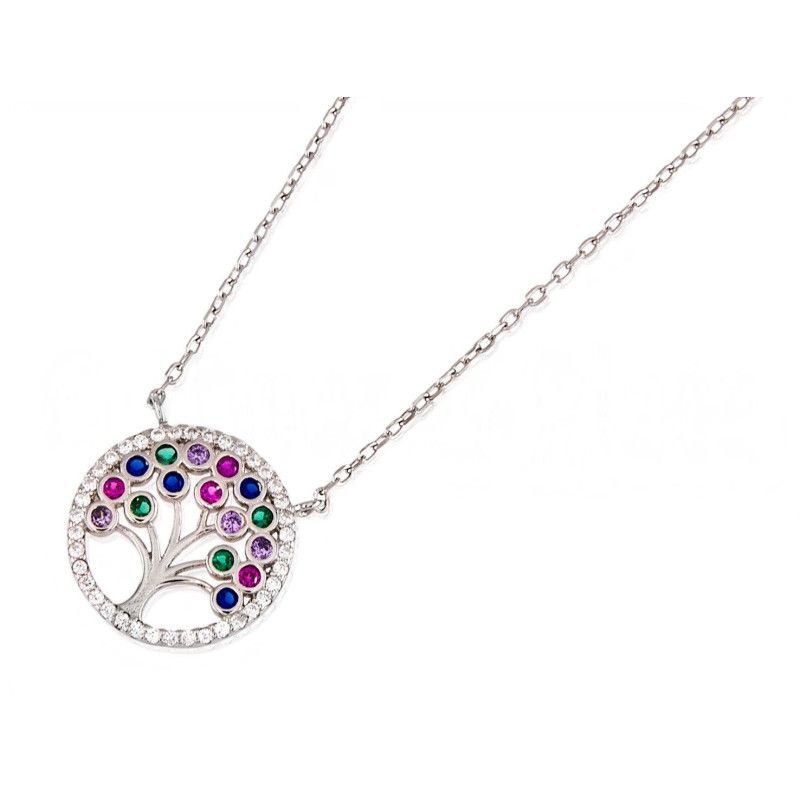 Gargantilla Rodiada Árbol de la Vida con Circonitas de Color en Plata