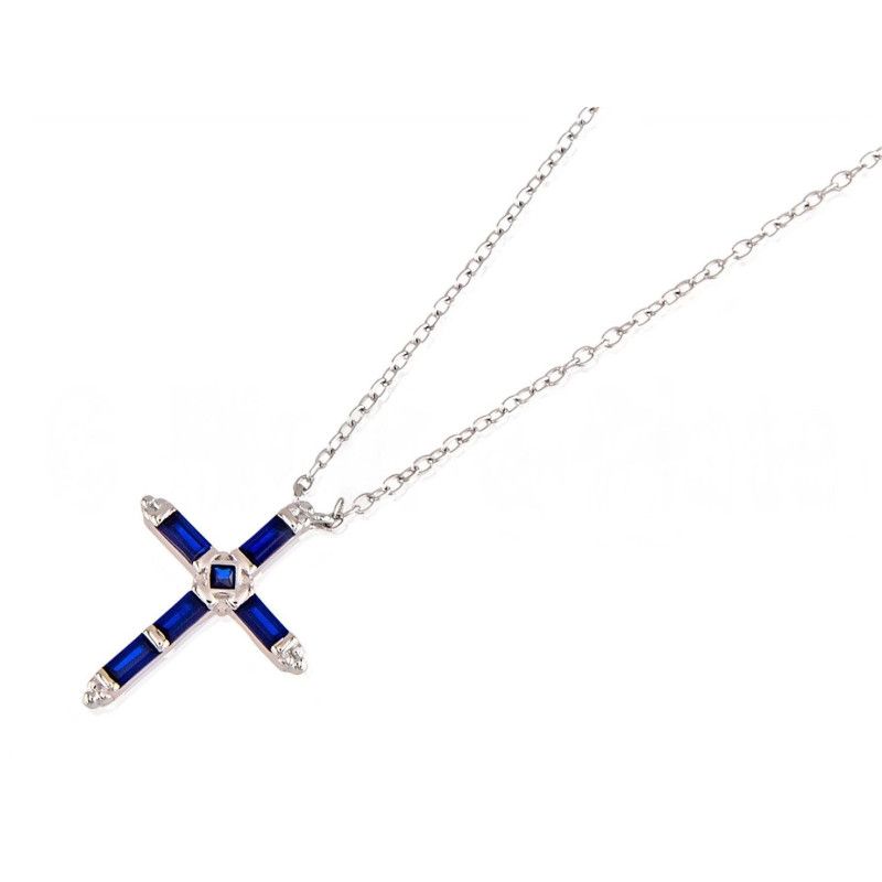 Gargantilla de Cruz de Circonitas en Color Zafiro en Plata de Ley 925