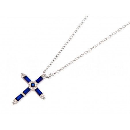 Gargantilla de Cruz de Circonitas en Color Zafiro en Plata de Ley 925