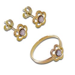 Conjunto de Comunión Flor con Circonita en Plata de Ley Chapada en Oro