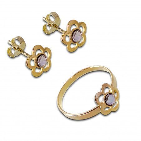 Conjunto de Comunión Flor con Circonita en Plata de Ley Chapada en Oro