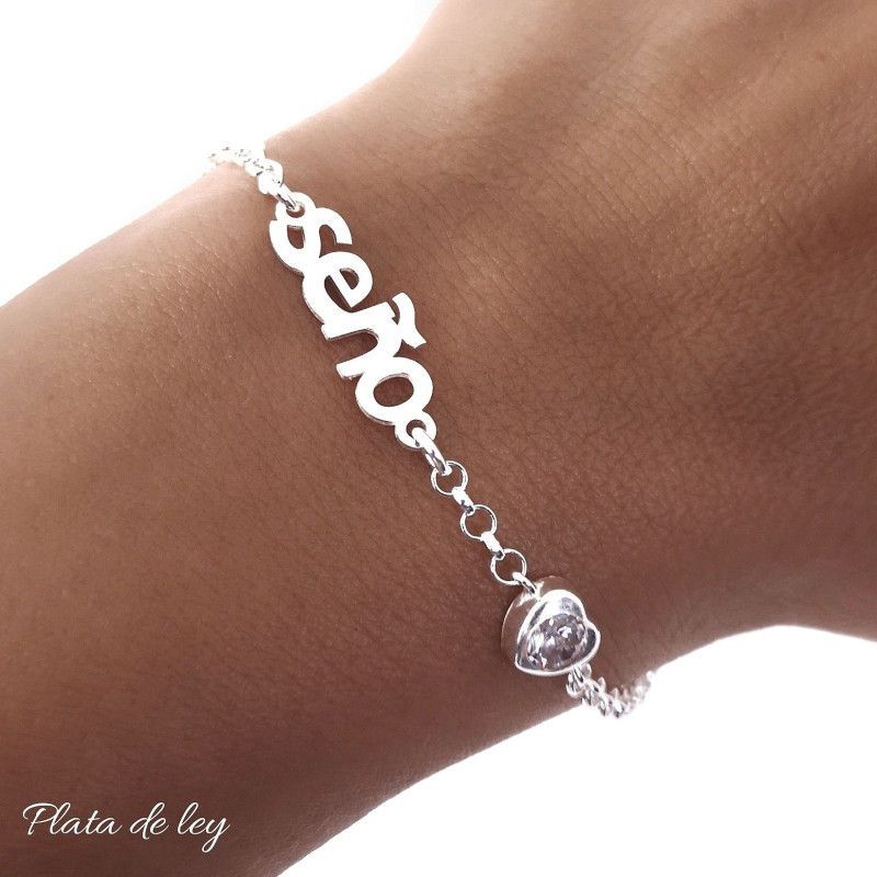 Pulsera para Seño con Corazón de Circonita en Plata de Ley 925mls