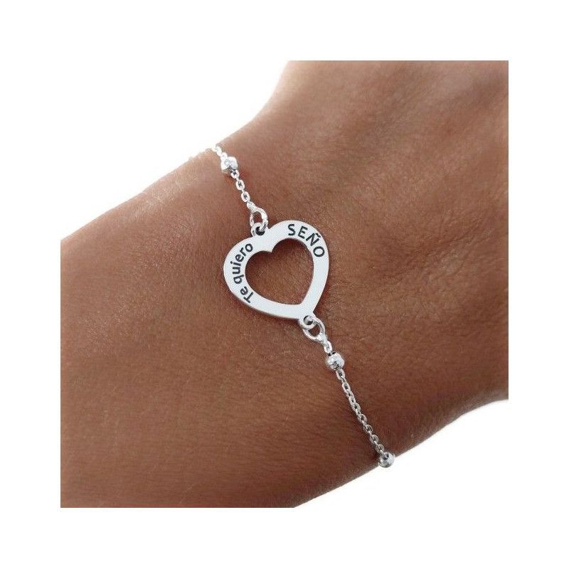 Pulsera para Seño con Corazón Calado con mensaje en Plata de Ley 925