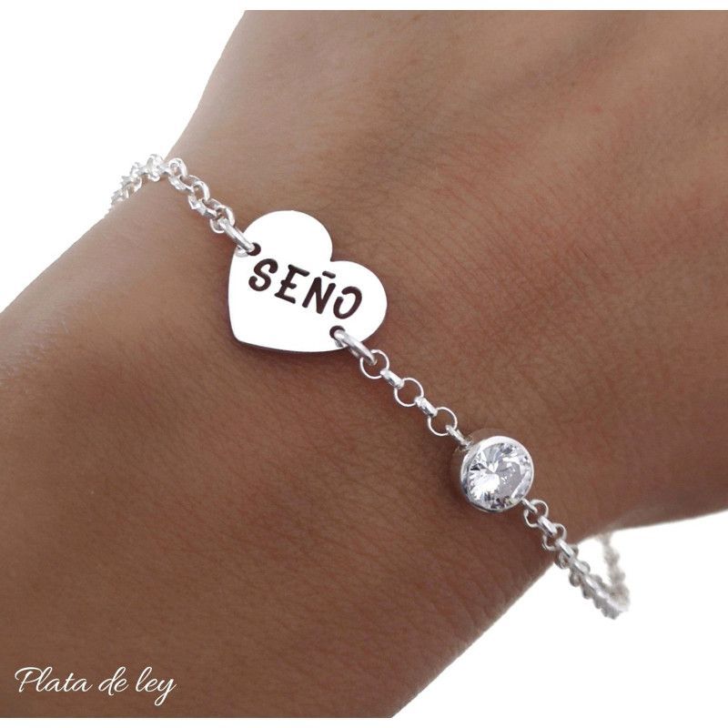 Pulsera para Seño en Corazón con Circonita en Plata de Ley 925mls