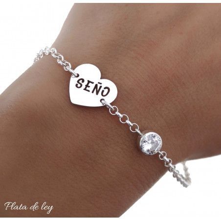 Pulsera para Seño en Corazón con Circonita en Plata de Ley 925mls